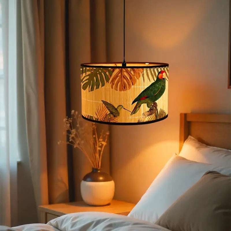Bamboo Lamp Shade with Vintage Botanical Bird Print – Shade Only