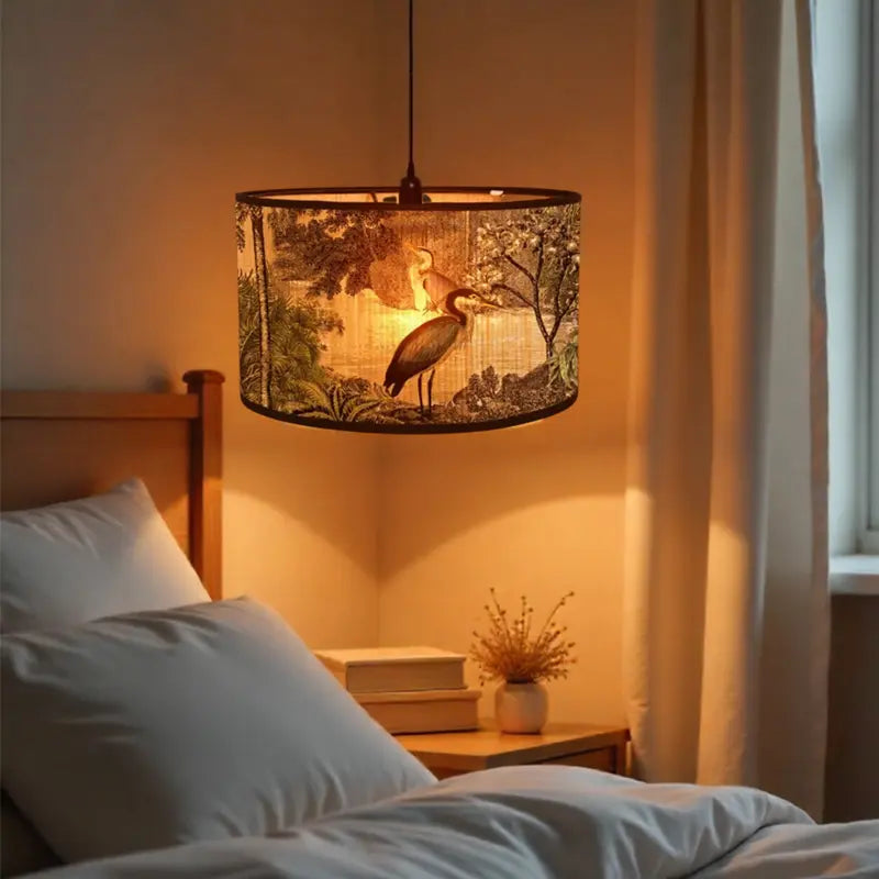 Bamboo Lamp Shade with Vintage Botanical Bird Print – Shade Only