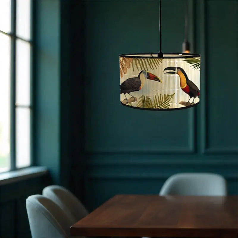Bamboo Lamp Shade with Vintage Botanical Bird Print – Shade Only