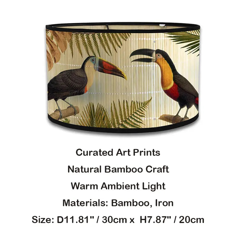 Bamboo Lamp Shade with Vintage Botanical Bird Print – Shade Only