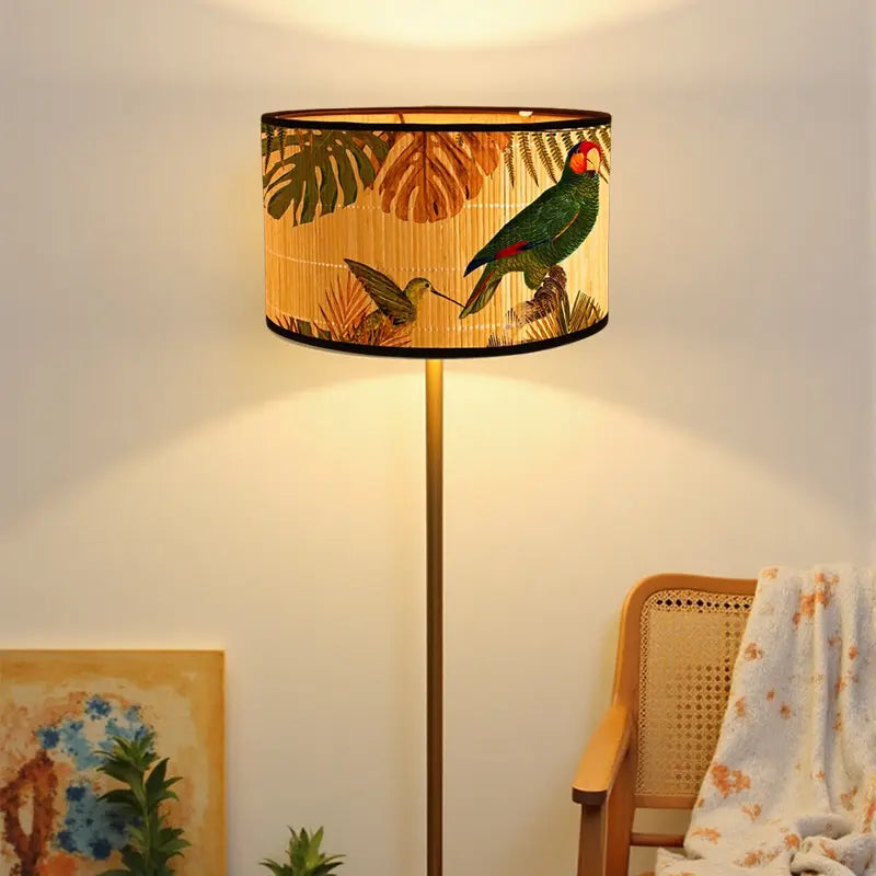 Bamboo Lamp Shade with Vintage Botanical Bird Print – Shade Only
