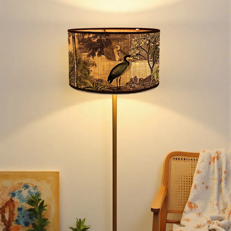 Bamboo Lamp Shade with Vintage Botanical Bird Print – Shade Only