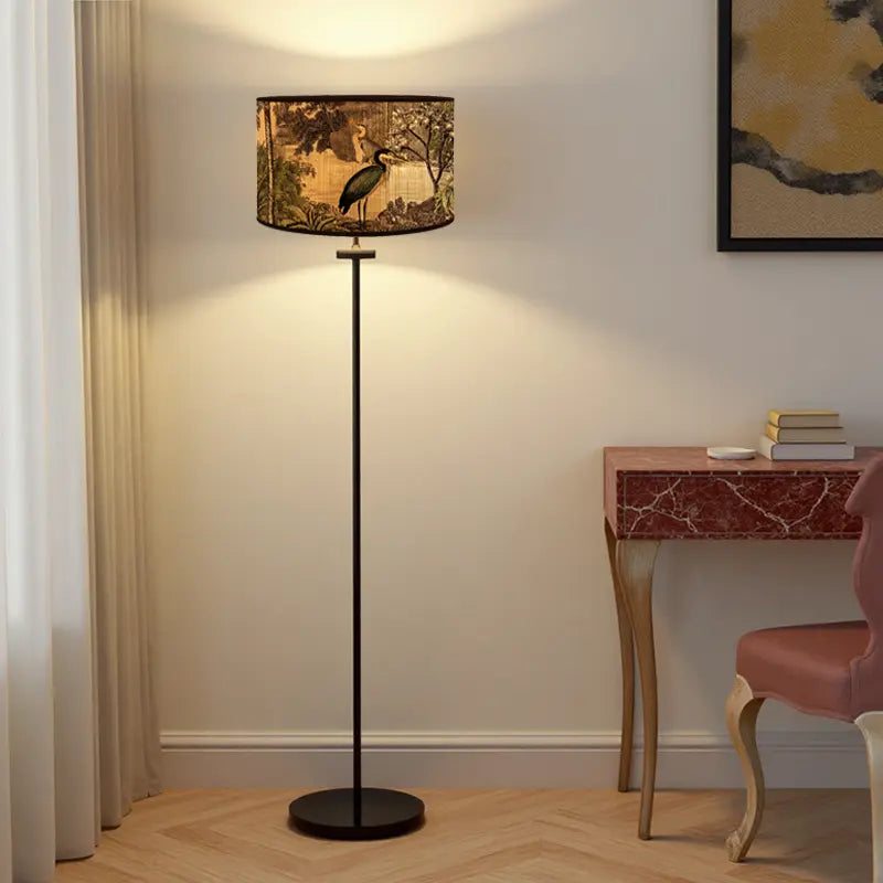 Bamboo Lamp Shade with Vintage Botanical Bird Print – Shade Only